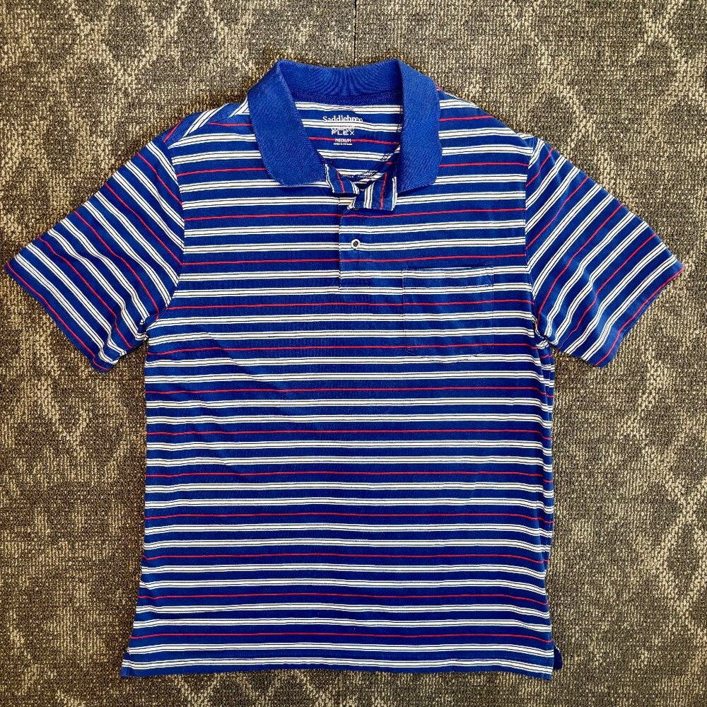 Saddlebred Comfort Flex Polo Shirt Size M | Blue Red White Stripes, Casual Sport